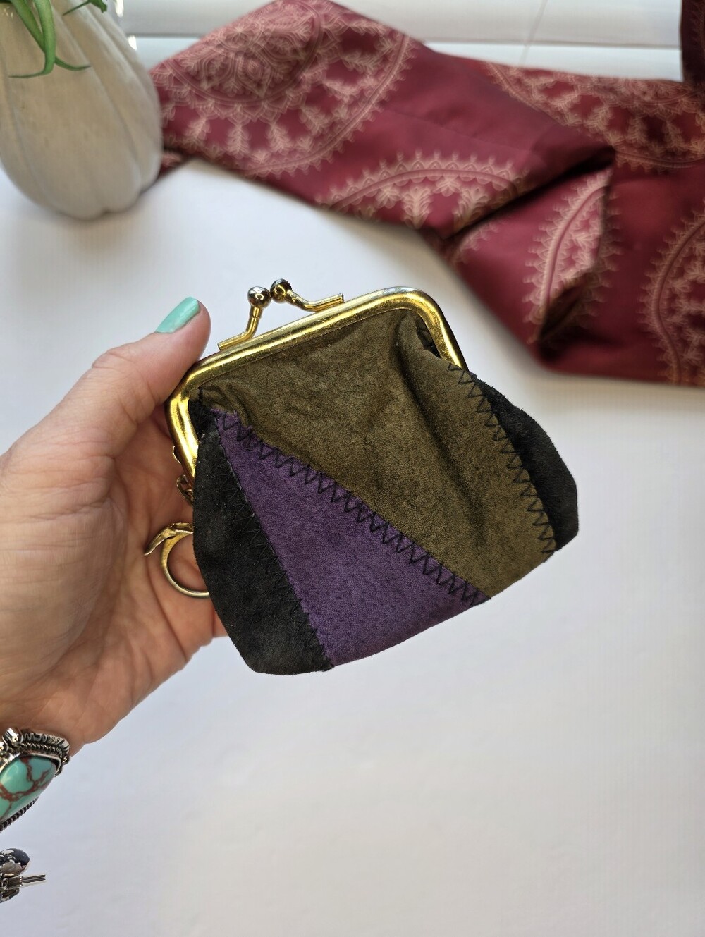 Vintage Leather Patchwork Coin Purse Kiss Lock